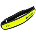 A bright yellow reflective running belt is displayed positioned horizontally with a black elastic band securing it in place designed for holding small items while jogging in low-light conditions.