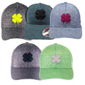 Five hats displayed in a row feature a four-leaf clover design. Each hat varies in color and texture, showcasing designs in gray, teal, navy, and green.