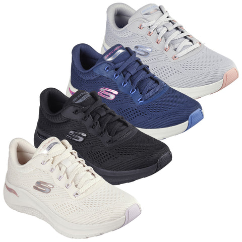 Four pairs of Skechers sneakers display varying colors including gray navy black and cream arranged side by side showcasing their lightweight mesh design and supportive soles in a neutral background