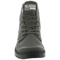 A gray high-top boot stands upright with laces tied and a rubber toe cap showcasing its rugged design meant for casual or outdoor wear in various environments. Text on the boot reads PALLADIUM L'ORIGINALE DEPUIS 1947.