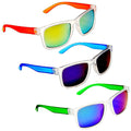 Three pairs of colorful sunglasses are displayed. They have clear frames and different colored arms: orange, blue, and green. The lenses are tinted in various shades reflecting light.