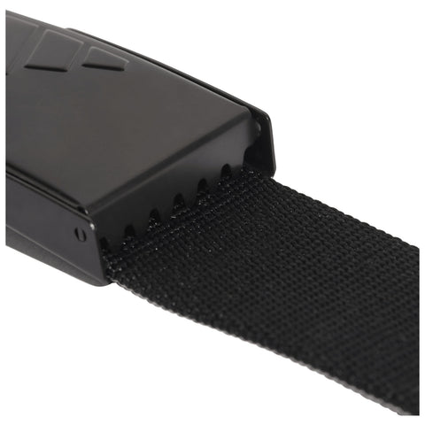 A black strap is partially pulled from a plastic clip featuring serrated edges used for gripping the strap securely in place within a neutral or plain background.