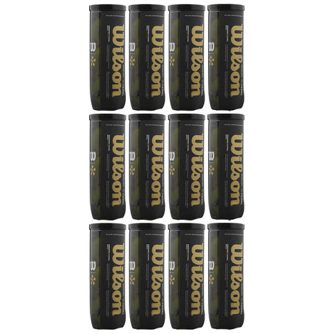 Twelve cylindrical black tennis ball containers are arranged in a rectangular pattern. Each container features the Wilson logo prominently displayed in gold against a dark background.