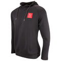 A black hoodie with a red logo is displayed upright featuring a drawstring hood and long sleeves designed for casual or athletic wear in a neutral background.