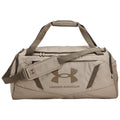 A beige duffel bag is displayed with a logo on the side showcasing a sports brand. It features handles and a long shoulder strap for carrying convenience.