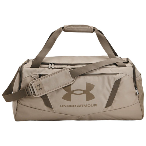 A beige duffel bag is displayed with a logo on the side showcasing a sports brand. It features handles and a long shoulder strap for carrying convenience.