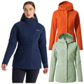 A woman is wearing a navy jacket with a hood while standing next to two additional jackets in orange and light green showcasing various outdoor apparel options designed for colder weather.