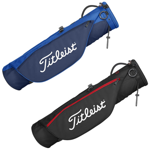 Two golf bags are displayed side by side one in blue with a white Titleist logo and the other in black with a red accent both designed for carrying golf clubs and equipment.