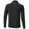 A long-sleeve black polo shirt is displayed facing away, showcasing a simple design with a collar and a small logo at the back. The fabric appears smooth and lightweight.