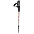 A trekking pole stands upright with a textured black grip and strap at the top while its colorful patterned shaft extends downward ending in a pointed tip for stability on hikes