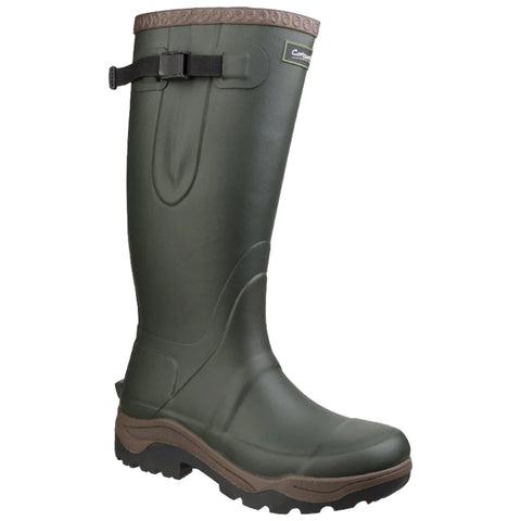 A green rubber boot stands upright with a textured, brown sole and a reinforced top edge. It features a side strap for fit adjustment, suitable for wet or muddy conditions.