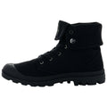 A black high-top boot features a textured canvas upper and rubber toe cap laced up the front with a folded collar secured by a snap button designed for urban or casual wear.