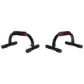 Two black push-up bars are positioned parallel to each other with red grips on top for enhanced comfort and stability during workouts placed against a neutral background.