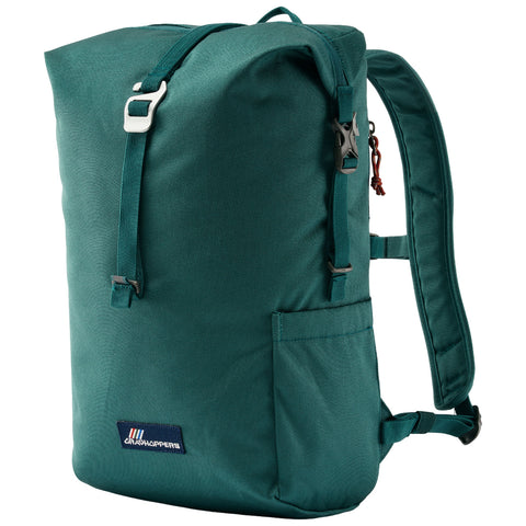 A green backpack is prominently displayed standing upright with adjustable straps and a side pocket showcasing durable materials designed for carrying personal items in various environments.