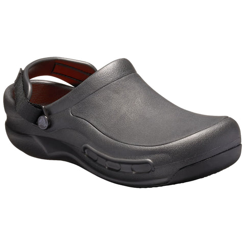 A black clog shoe is positioned on a white background showcasing its smooth surface and rounded toe design it features a back strap for secure wear and a thick, cushioned sole.