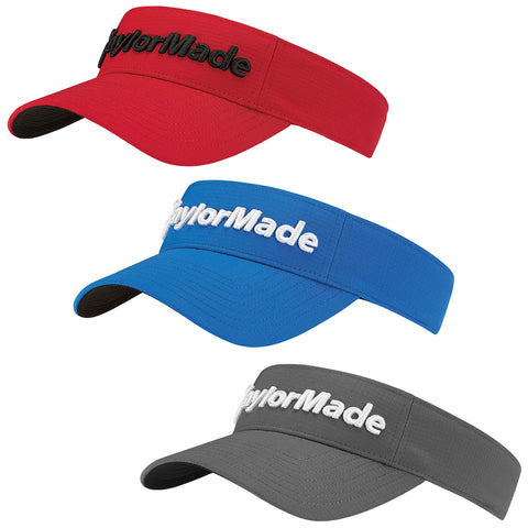 Three sports visors are displayed in red, blue, and gray colors with "TaylorMade" branding prominently featured on the front of each visor, showcasing a sporty and casual design.