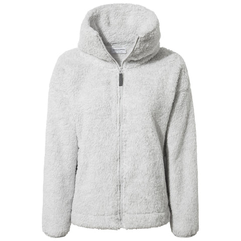 A light gray hooded jacket is displayed frontally with a soft, textured fabric and a full zipper. It is designed for warmth and comfort in cool environments.