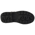 A black shoe sole is displayed with a textured surface featuring deep treads designed for grip showcasing its robust construction and suitability for various terrains.