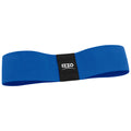 A blue resistance band lies flat with a black center patch displaying the brand name Izzo in white text, typically used for strength training in various settings like gyms or home workouts.