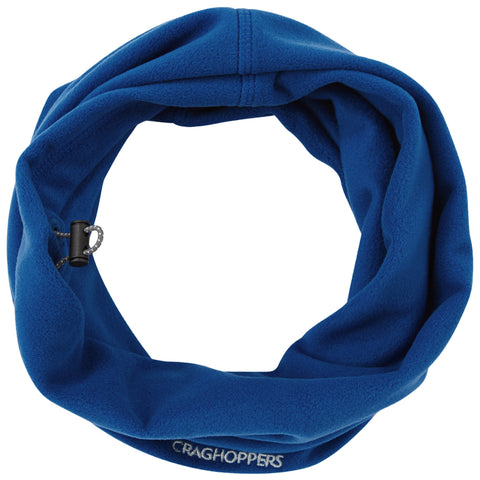 A circular navy fleece neck gaiter lies flat displaying a drawstring toggle for adjustment and features the word Craghoppers embroidered at the bottom, suitable for cold weather wear.