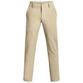 Beige trousers are displayed upright with a straight-leg design showcasing a smooth fabric and a button closure at the waistband, suggesting a casual or semi-formal style.