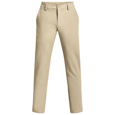 Beige trousers are displayed upright with a straight-leg design showcasing a smooth fabric and a button closure at the waistband, suggesting a casual or semi-formal style.