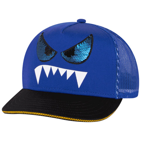 A blue cap features a playful monster design with large sequined eyes and sharp white teeth. It has a black visor and mesh sides, making it suitable for casual wear.