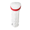 A white golf club headcover stands upright featuring a red top and sleek design with the word "STEALTH" embossed in silver on the side, suitable for protecting driver clubs during play.