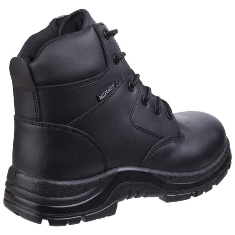 A black waterproof boot is positioned upright showcasing its textured leather and sturdy sole with eyelets for laces indicating a durable design suitable for outdoor activities.