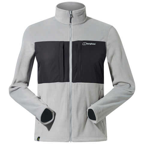 A gray and black fleece jacket is displayed with a full zipper and high collar featuring the brand logo on the upper left. It has two front pockets.