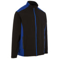 A black and blue zip-up jacket stands upright showcasing its design and color scheme with blue accents on the shoulders and sides while featuring a high collar and two zippered pockets.