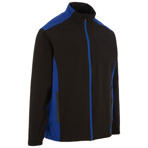 A black and blue jacket stands upright displaying a zip closure and two side pockets in a neutral setting suitable for casual or outdoor wear.