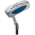 A golf putter with a metallic silver head and a blue striking surface rests at an angle, featuring a sleek design, intended for precise strokes on the putting green.