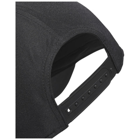 A black cap is shown with a focus on its adjustable strap at the back highlighting the design and texture surrounded by a light background.