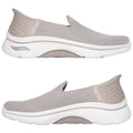 A pair of slip-on shoes features a breathable mesh upper and a cushioned sole. They are presented from two angles against a plain background, highlighting their ergonomic design and comfort feature.