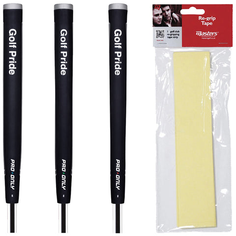 Three black golf club grips labeled Golf Pride and Pro Only are positioned next to a pack of Masters Re-grip Tape containing a strip of yellow tape for golf club maintenance