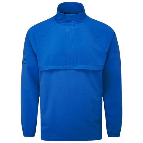 A blue pullover jacket hangs vertically showcasing a high collar and long sleeves set against a neutral background, designed for casual or athletic wear.