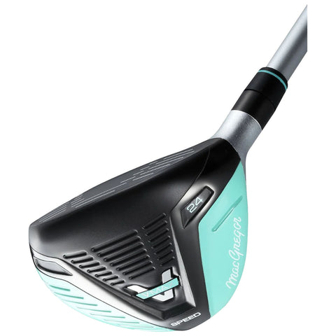 A golf club head is positioned at an angle showcasing its sleek design and markings the club has a black and mint green color scheme with the number 24 visible designed for improved performance on the course