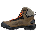 A hiking boot made of brown leather and mesh features orange laces and black rubber accents providing durability and support designed for outdoor activities in rugged terrains.