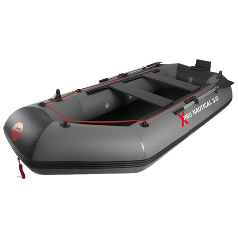 Gray inflatable boat rests flat with a sturdy structure featuring seating and handles surrounded by a plain white background typically used for recreational or emergency water activities.