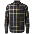 A plaid flannel shirt is displayed featuring black green yellow and burgundy check patterns with a button-up front and a single chest pocket, showcasing a casual and durable style.