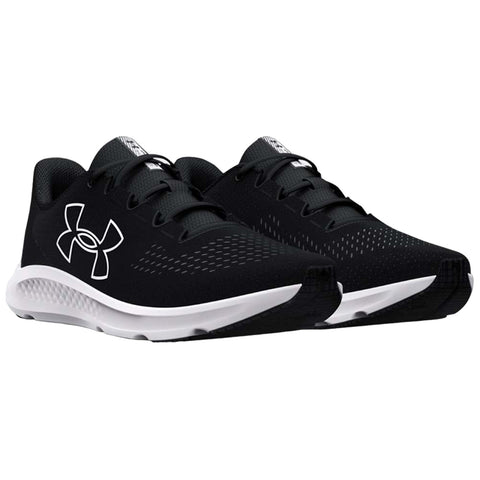 Black athletic shoes are placed side by side showcasing a sleek design with a white midsole and prominent logo on the side suitable for sports or casual wear.