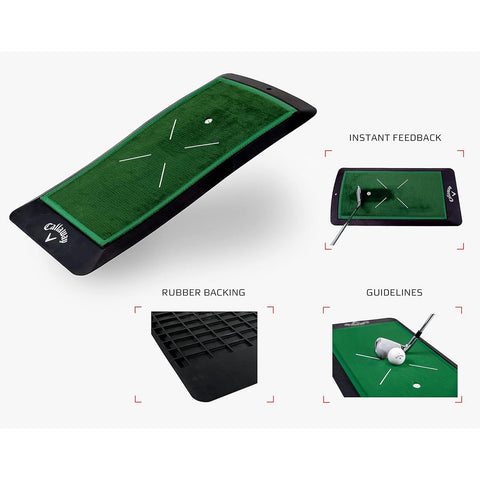 A green putting mat designed for golf practice features a smooth turf surface with guidelines. A golf ball rests near a hole while a putter aligns in the background. Rubber backing enhances stability.