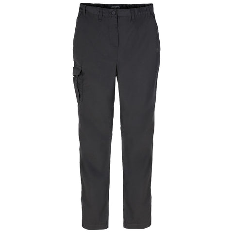 Black cargo pants are displayed standing straight with a side pocket visible featuring a button and belt loops set against a plain white background showcasing the garment's design and texture.