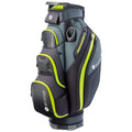 A golf bag stands upright displaying multiple compartments and pockets in black and gray with bright green accents designed for carrying clubs and accessories on the golf course.