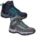 Two pairs of hiking boots are displayed side by side. One is dark blue with turquoise accents while the other is gray and turquoise. Both feature laces and textured soles.