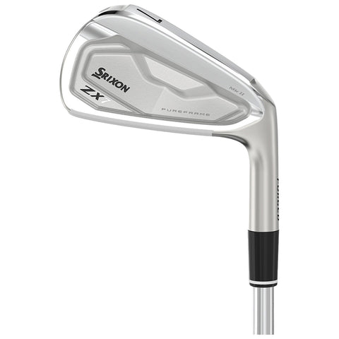 A silver golf club iron leans diagonally with a sleek design showcasing the Srixon logo and ZX7 marking, indicating it is a precision tool intended for golfing performance.