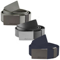 Stuburt Mens Golf Belt SBBELT1039 Three belts lie in a row showcasing different colors gray olive green and dark blue with metal rectangular buckles prominently displayed emphasizing a modern minimalist design suitable for casual or formal wear.