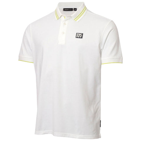 A white polo shirt features a collar with green stripes and a logo on the left chest area indicating the brand DKNY. It is displayed against a plain background.