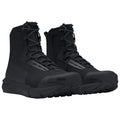 Black tactical boots are positioned upright showcasing their sturdy construction and mesh texture featuring lace-up fronts and Vibram soles designed for durability and grip in various outdoor environments